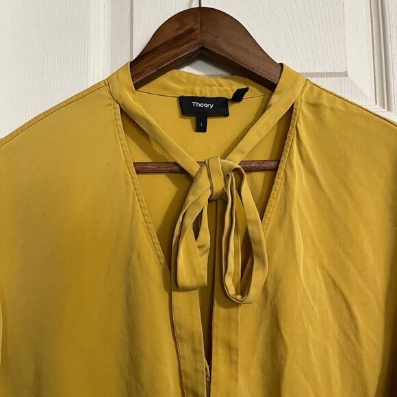 Theory Womens Mustard Yellow 100% Silk Tie Neck Faux Wrap Blouse Size Large - Picture 5 of 7